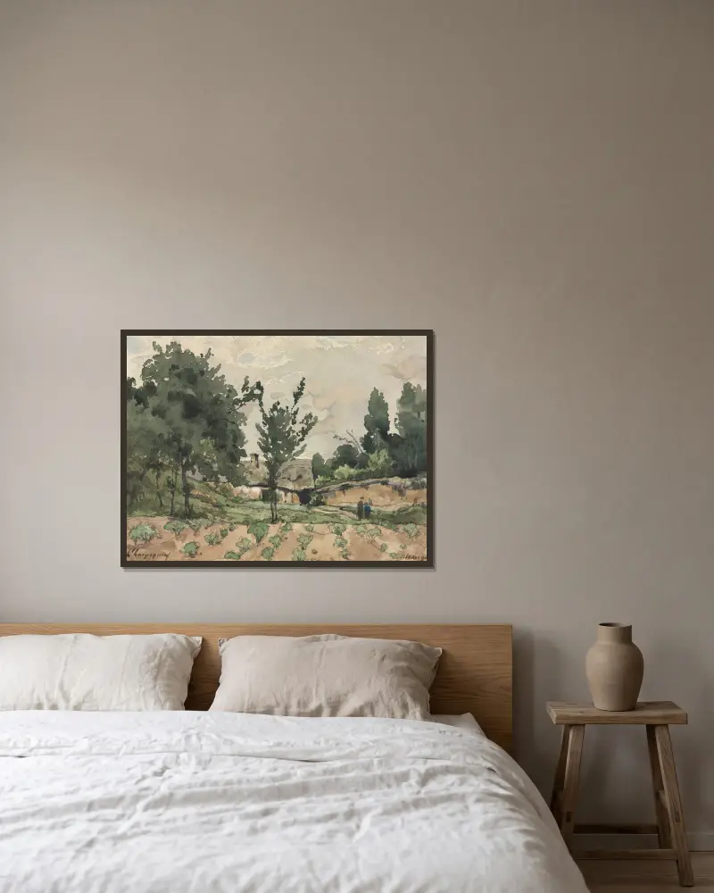 Landschaft mit Bauernhaus von Henri-Joseph Harpignies gerahmt an einer Wand