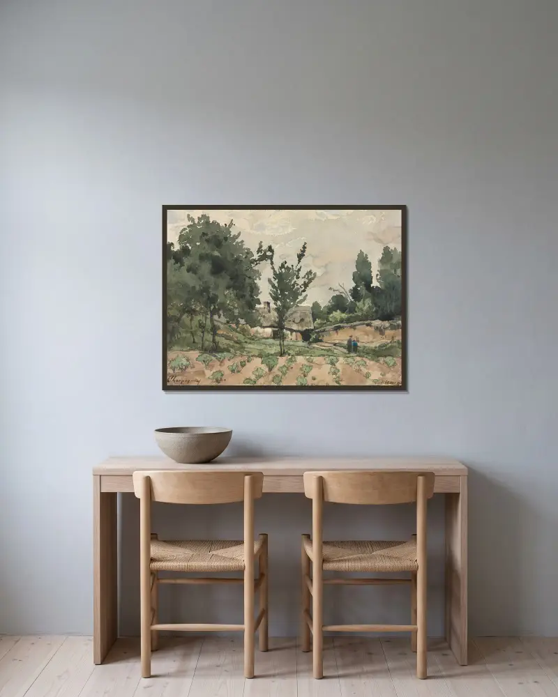 Landschaft mit Bauernhaus von Henri-Joseph Harpignies gerahmt an einer Wand