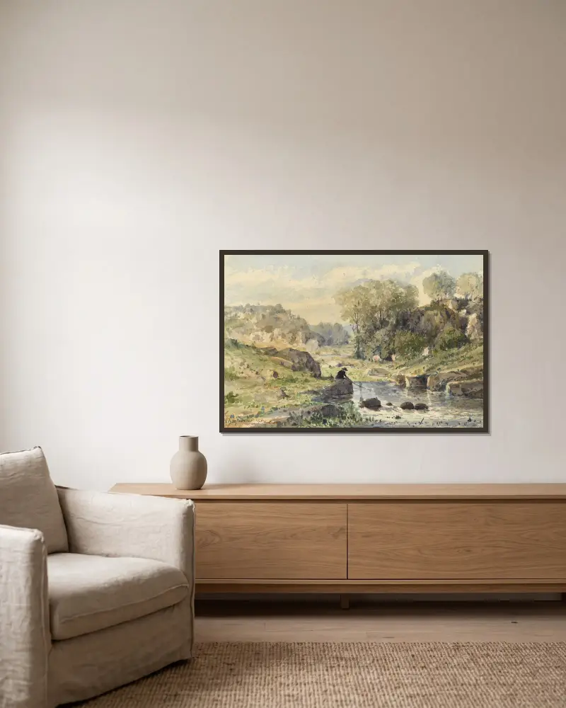 Der Fischer von Henri-Joseph Harpignies gerahmt an einer Wand