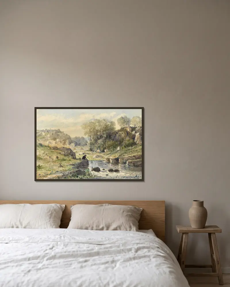 Der Fischer von Henri-Joseph Harpignies gerahmt an einer Wand