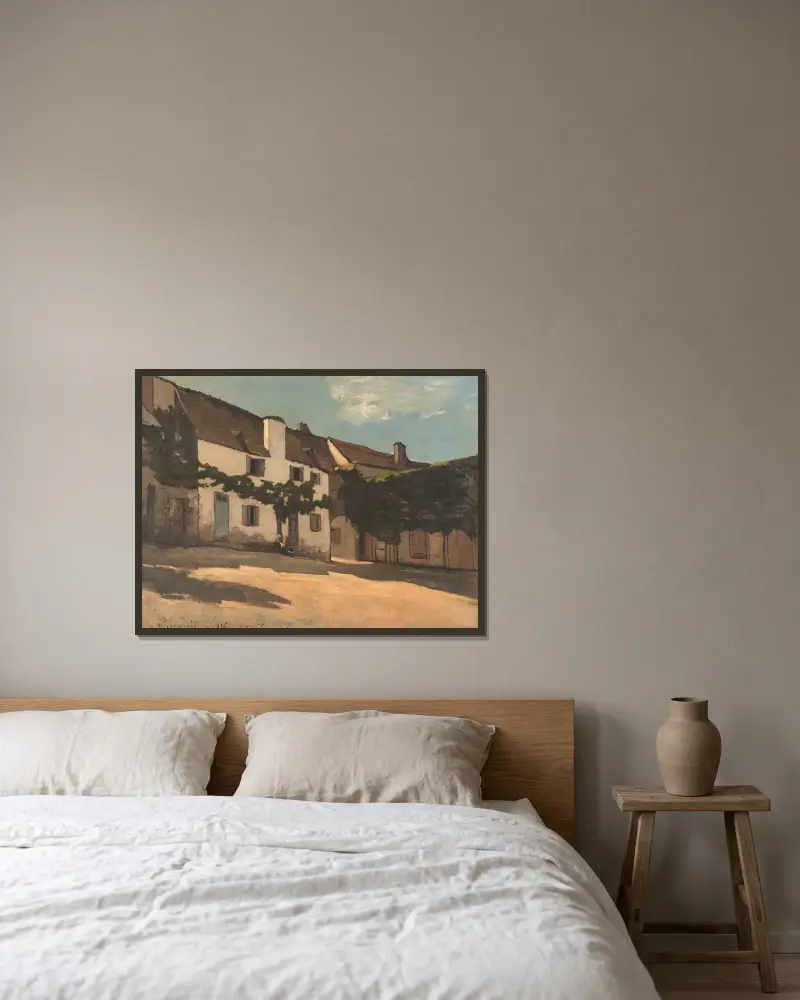 Haus in Hérisson von Henri-Joseph Harpignies gerahmt an einer Wand