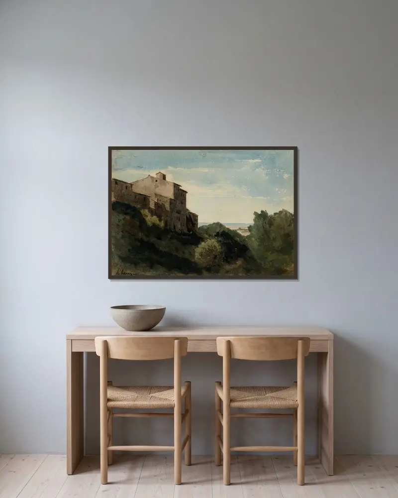 Paysage à l’Arricia (près de Rome) av Henri-Joseph Harpignies inramad på en vägg