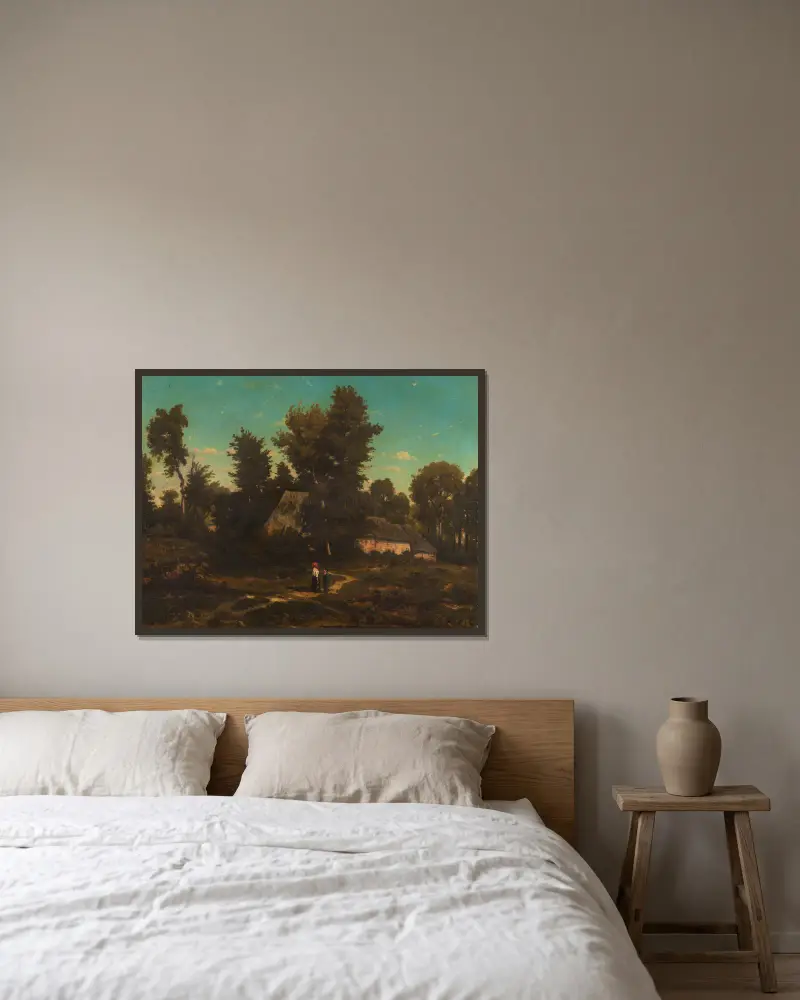 Landskap med halmtak av Henri-Joseph Harpignies inramad på en vägg
