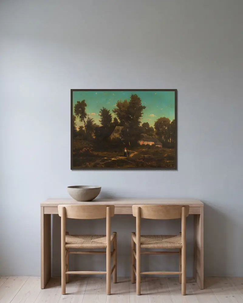 Landskap med halmtak av Henri-Joseph Harpignies inramad på en vägg