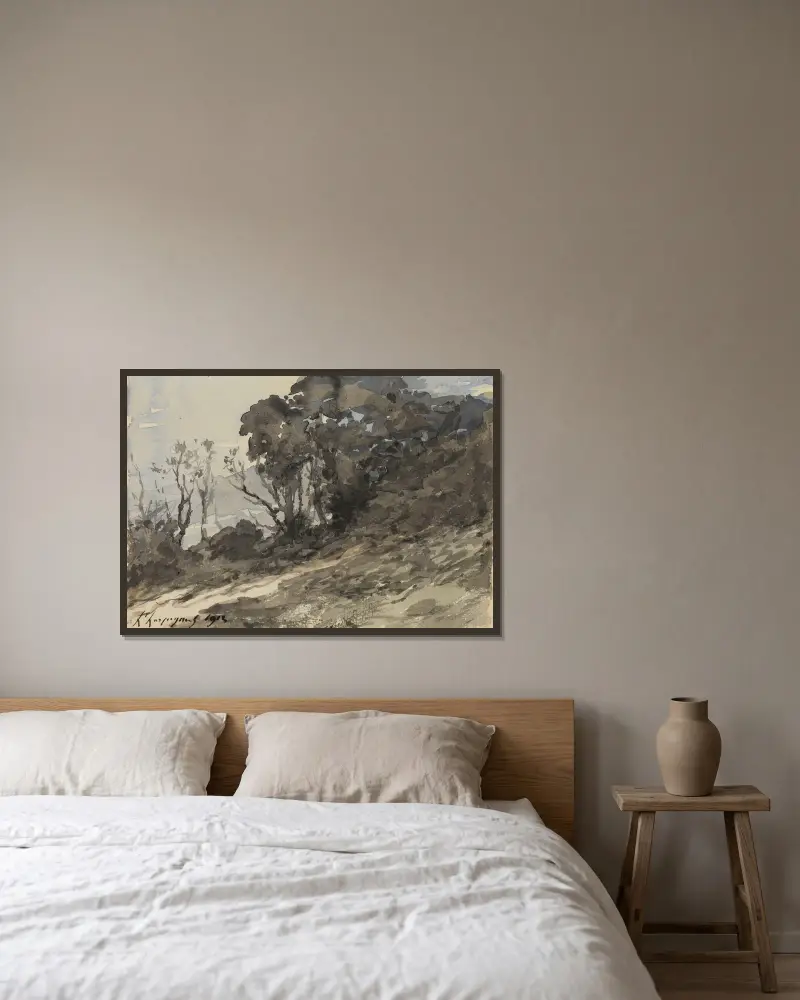 Landschaft (Büsche), 1912 von Henri-Joseph Harpignies gerahmt an einer Wand