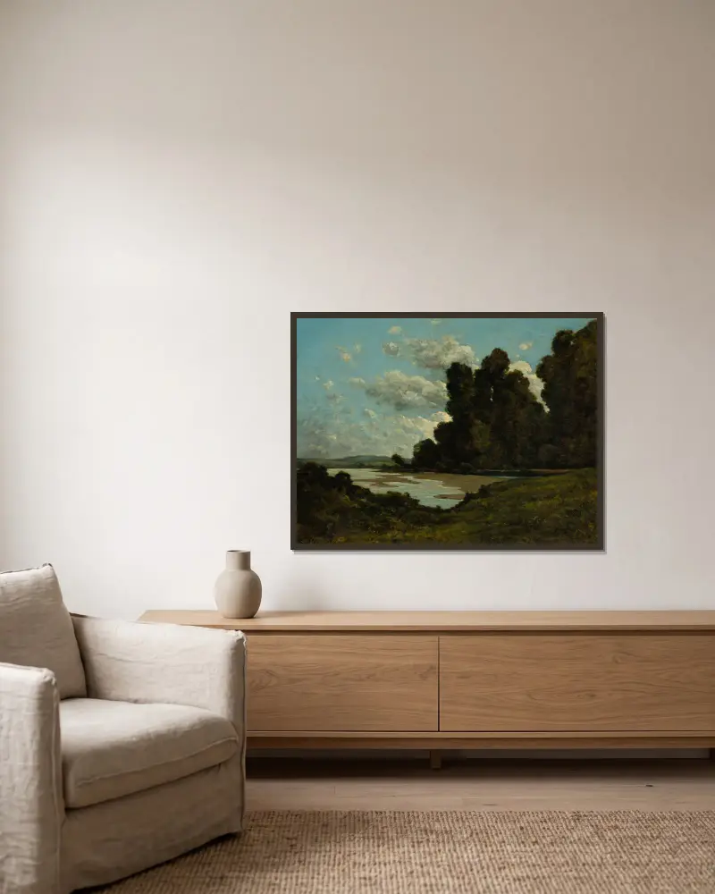 Die Loire bei Nevers von Henri-Joseph Harpignies gerahmt an einer Wand