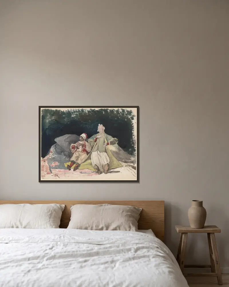 Två dockor eller marionetter sittande på kuddar av Henri-Joseph Harpignies inramad på en vägg
