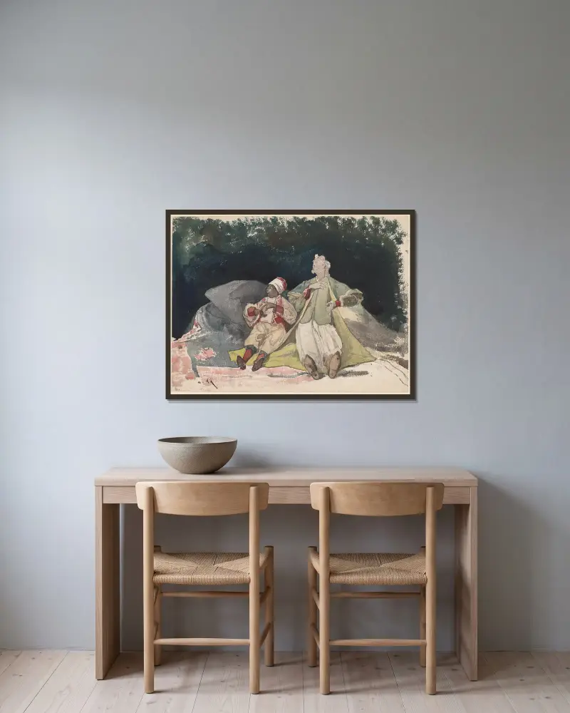 Två dockor eller marionetter sittande på kuddar av Henri-Joseph Harpignies inramad på en vägg