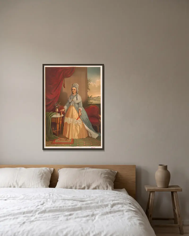Porträtt av kvinna med solfjäder och bok framför en soffa av Joseph Hoover inramad på en vägg