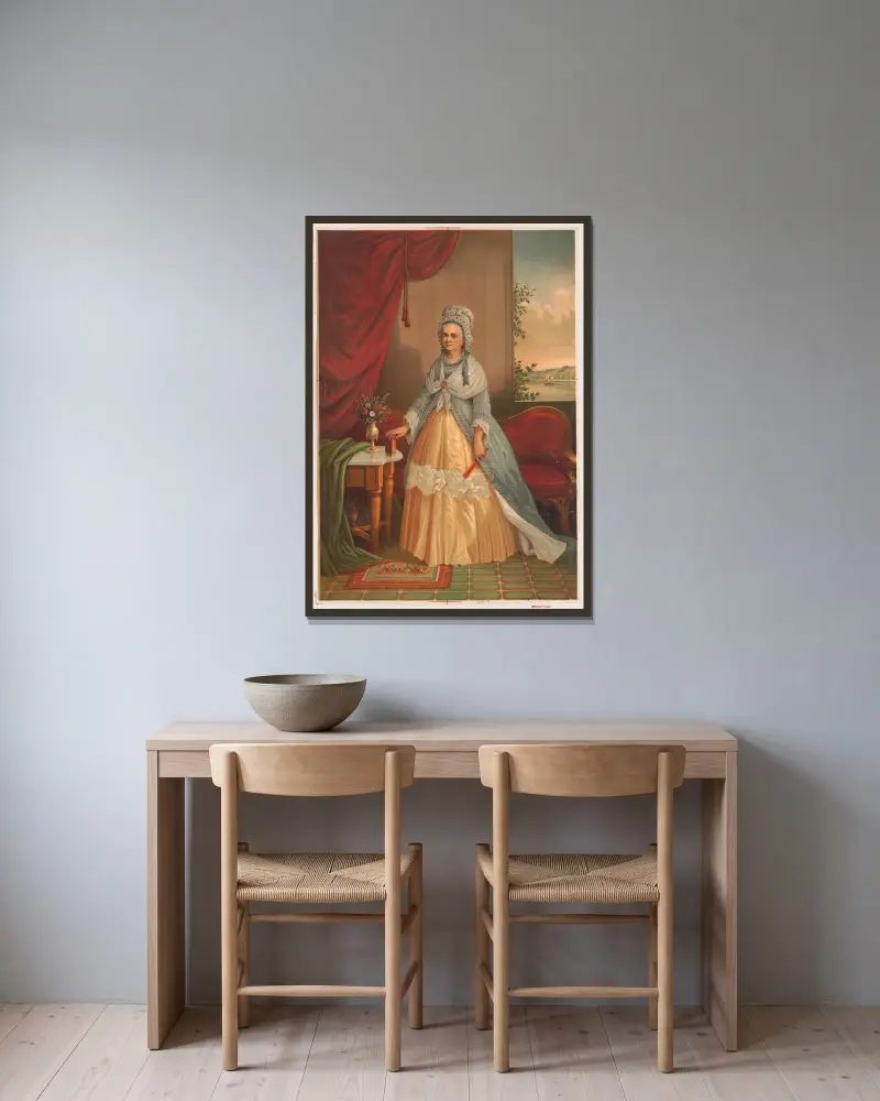 Porträtt av kvinna med solfjäder och bok framför en soffa av Joseph Hoover inramad på en vägg