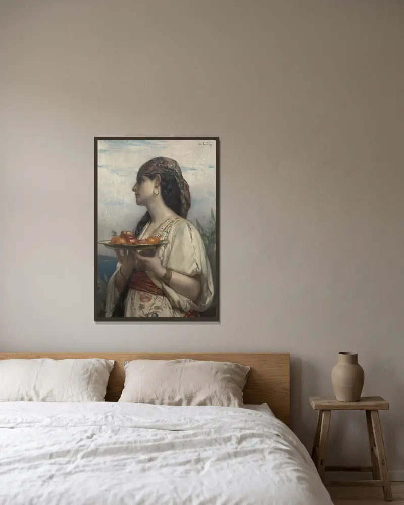 Slav med fruktskål av Jules Joseph Lefebvre inramad på en vägg