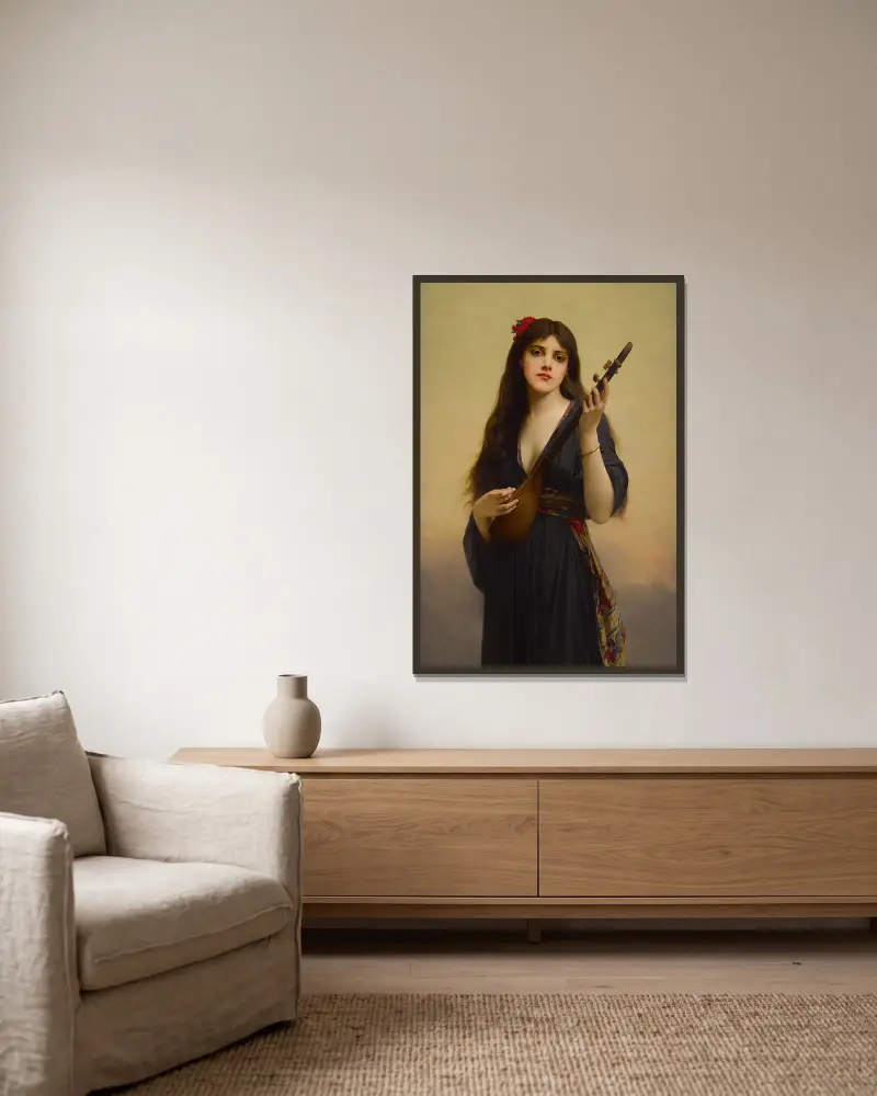 Woman Playing A Lute av Jules Joseph Lefebvre inramad på en vägg