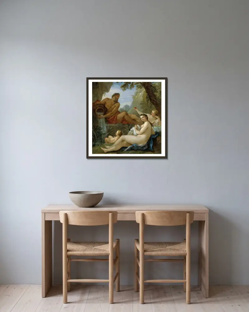 En flod och en källnymf av Charles-Joseph Natoire inramad på en vägg