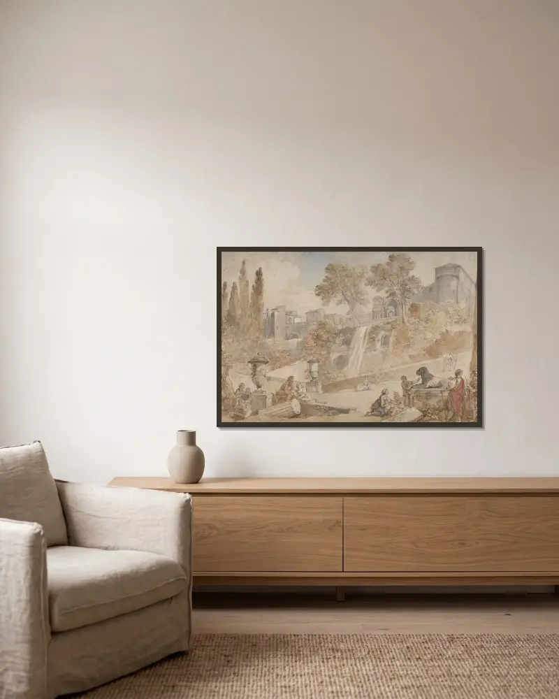 Die Gärten der Villa d’Este in Tivoli von Charles-Joseph Natoire gerahmt an einer Wand