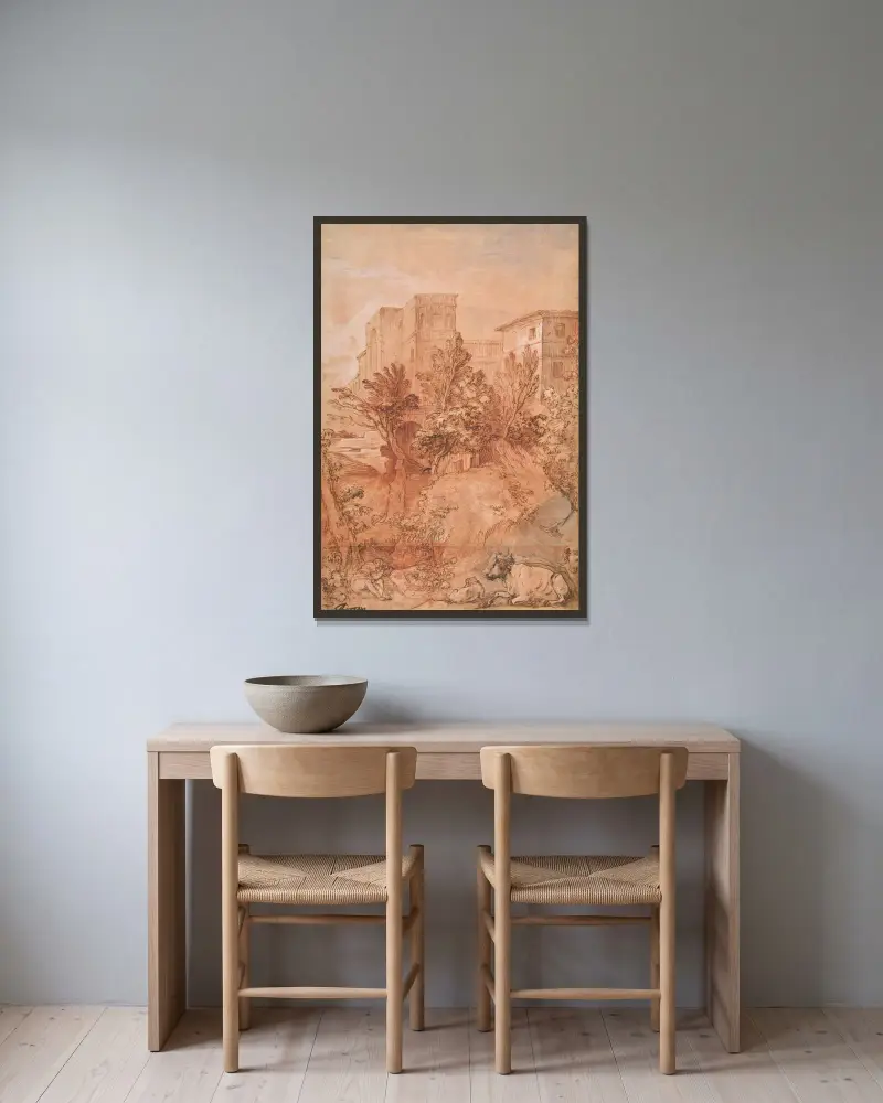 Landskap med en stor villa på en kulle av Charles-Joseph Natoire inramad på en vägg