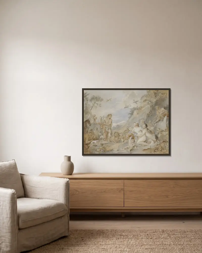 Orpheus bezaubert die Nymphen, Dryaden und Tiere von Charles-Joseph Natoire gerahmt an einer Wand