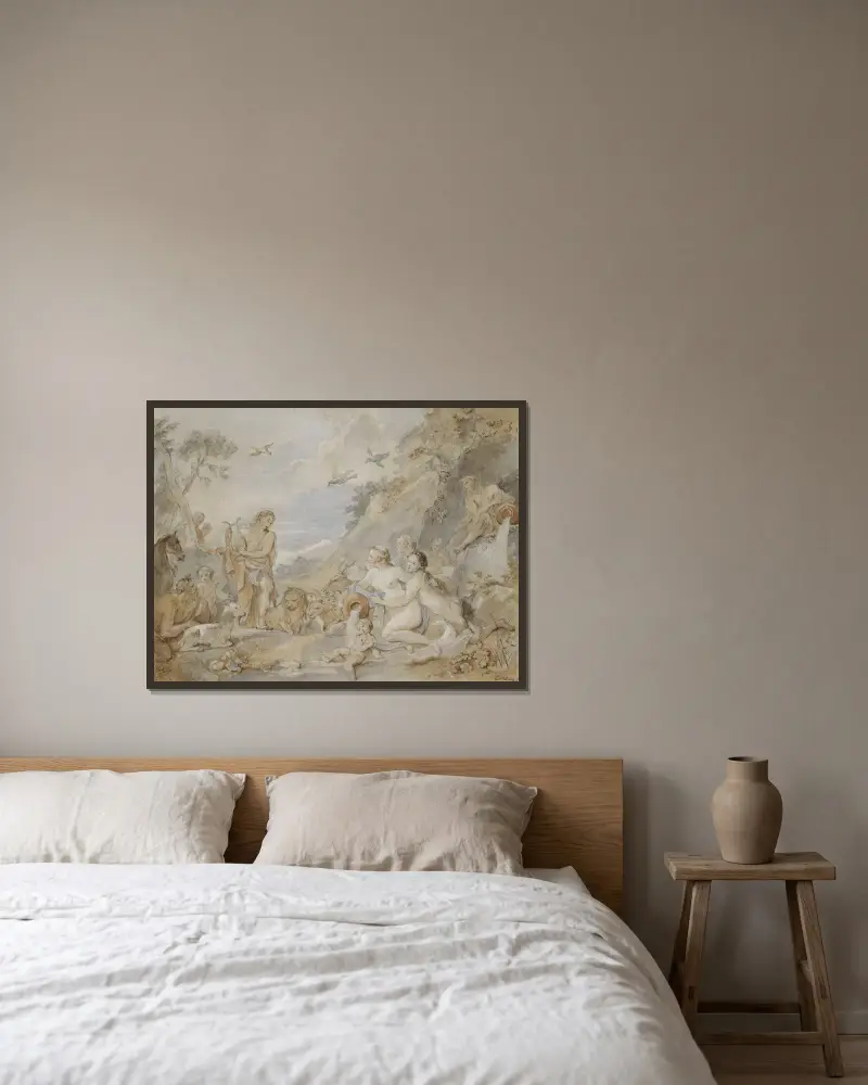 Orpheus bezaubert die Nymphen, Dryaden und Tiere von Charles-Joseph Natoire gerahmt an einer Wand