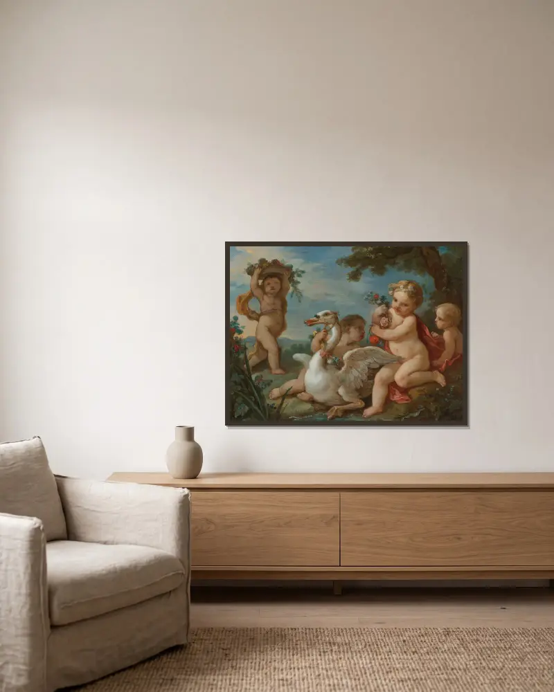 Putti som smyckar en svan med en blomstergirland av Charles-Joseph Natoire inramad på en vägg