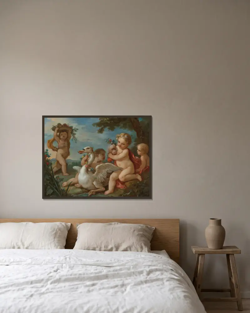 Putti som smyckar en svan med en blomstergirland av Charles-Joseph Natoire inramad på en vägg
