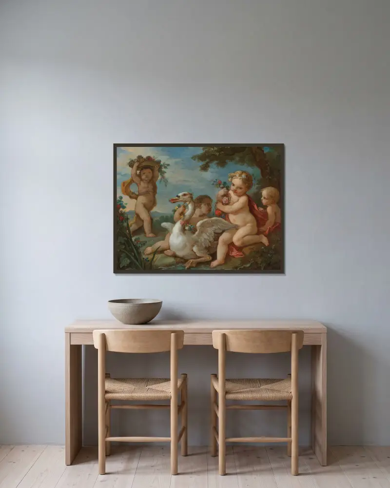 Putti som smyckar en svan med en blomstergirland av Charles-Joseph Natoire inramad på en vägg