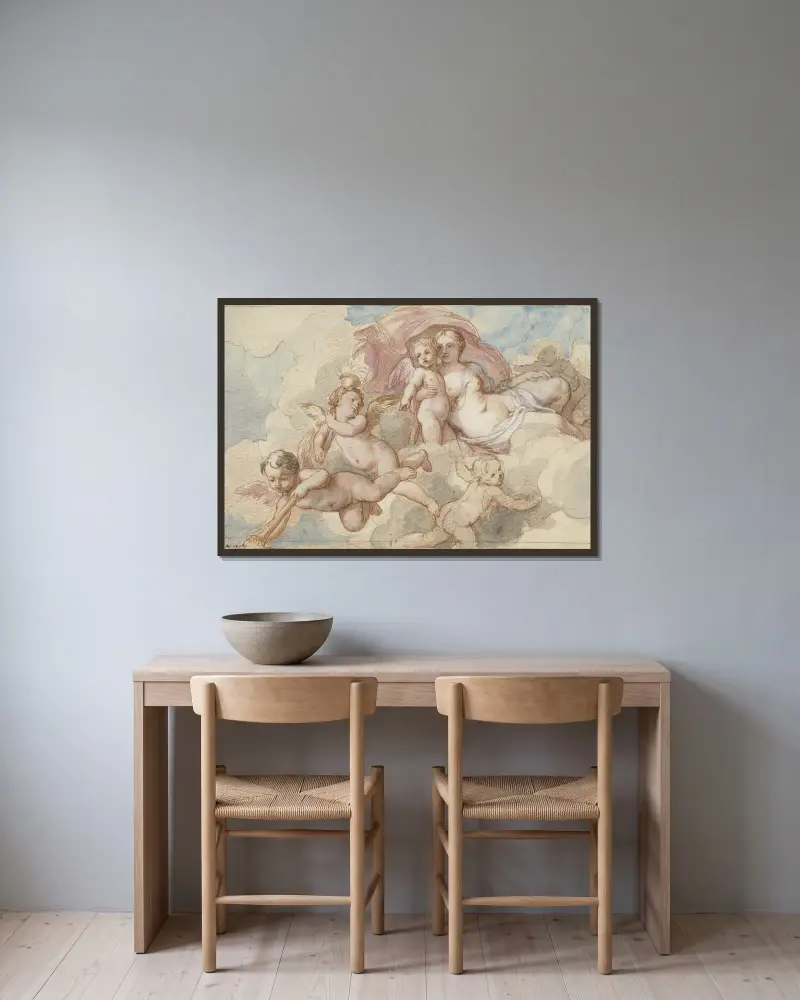 Venus med Amor och putti av Charles-Joseph Natoire inramad på en vägg