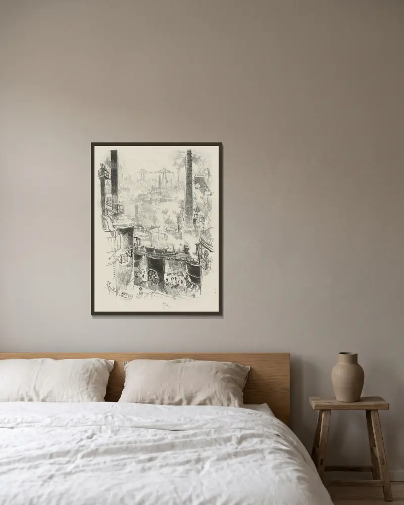 Von den Gipfeln der Schmelzöfen von Joseph Pennell gerahmt an einer Wand