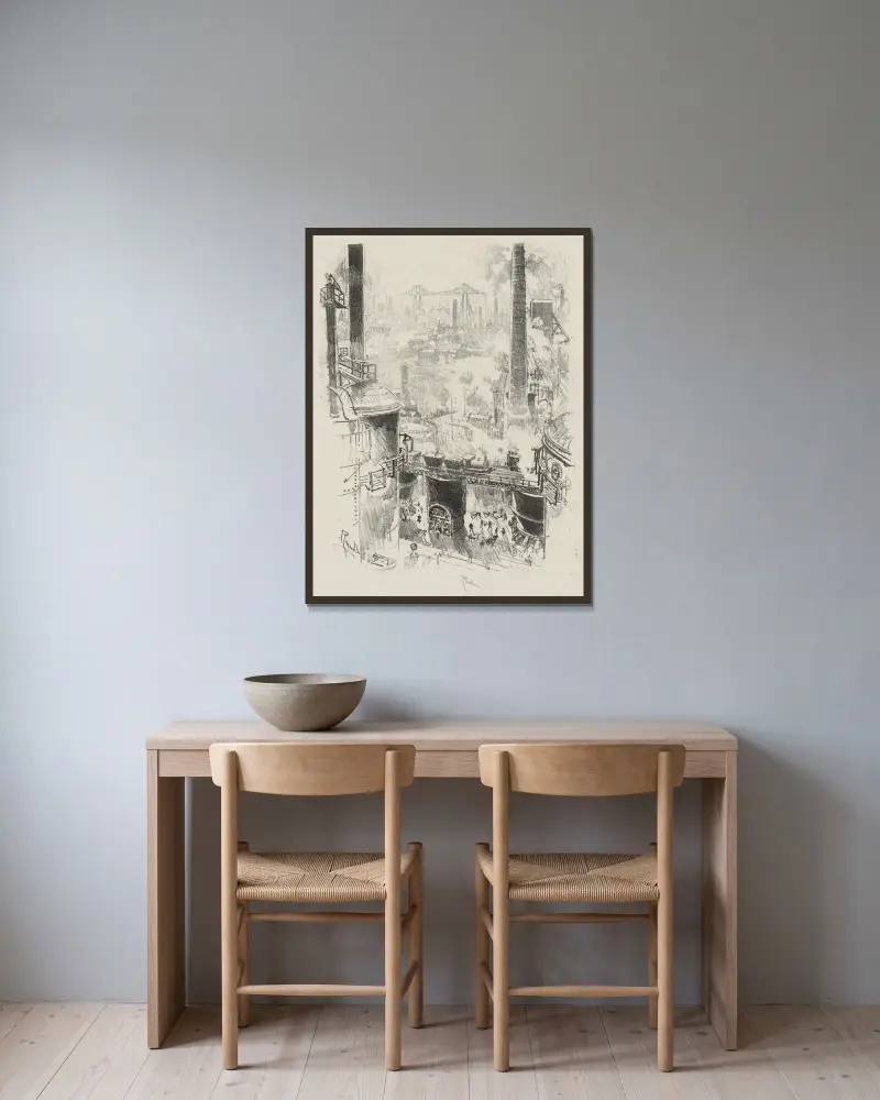 Von den Gipfeln der Schmelzöfen von Joseph Pennell gerahmt an einer Wand