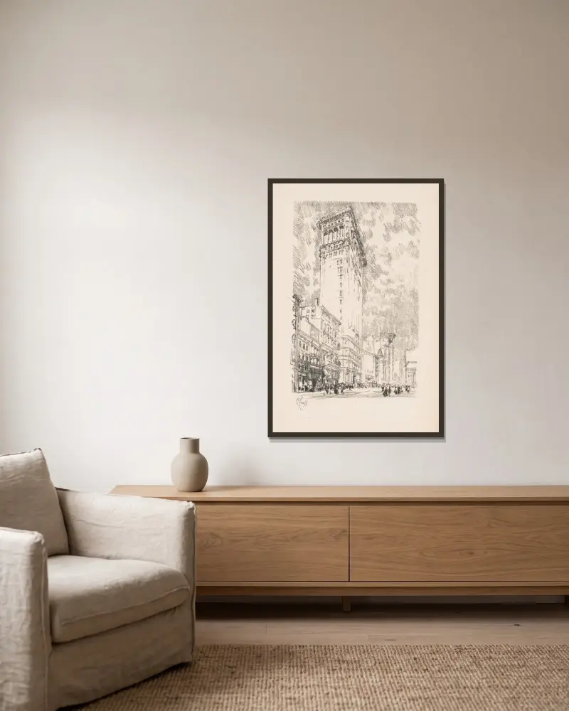 Das Flatiron Building von Joseph Pennell gerahmt an einer Wand