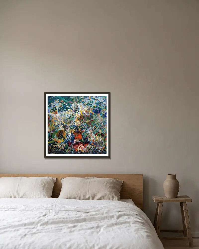 Ljusens kamp, Coney Island, Mardi Gras av Joseph Stella inramad på en vägg