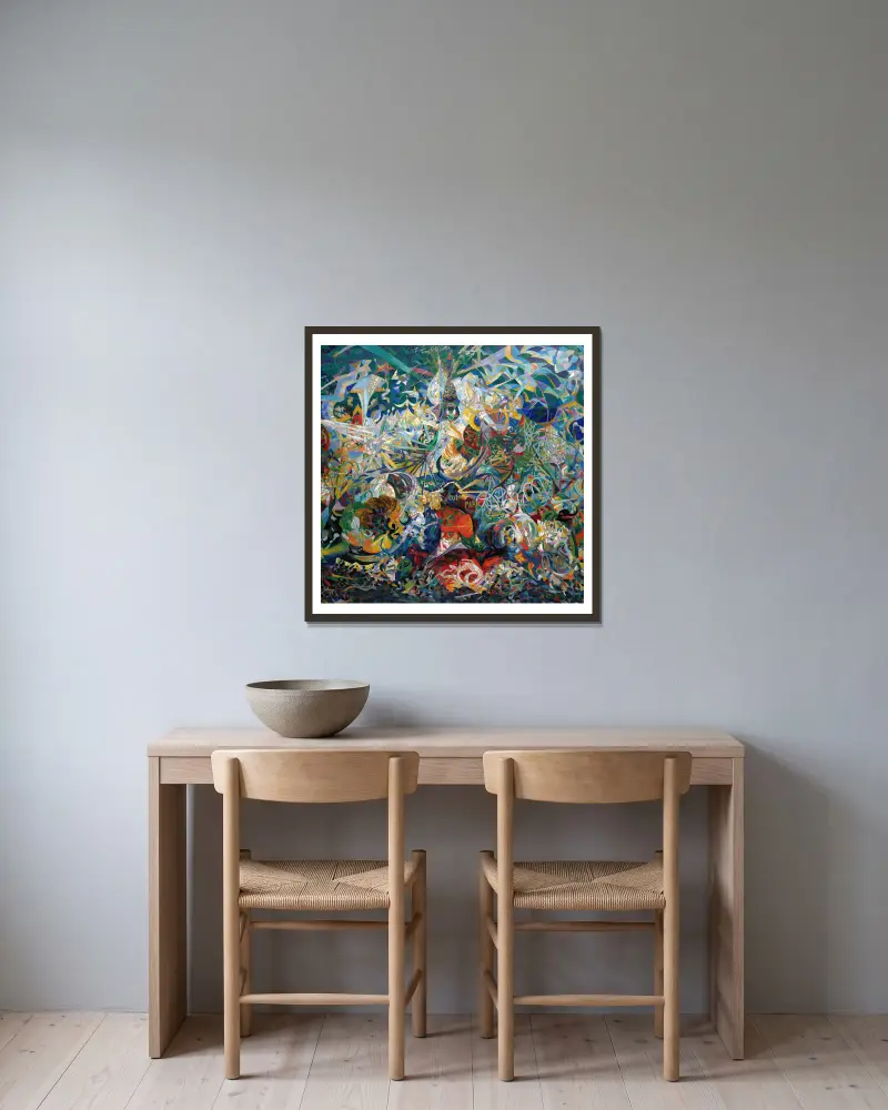 Ljusens kamp, Coney Island, Mardi Gras av Joseph Stella inramad på en vägg