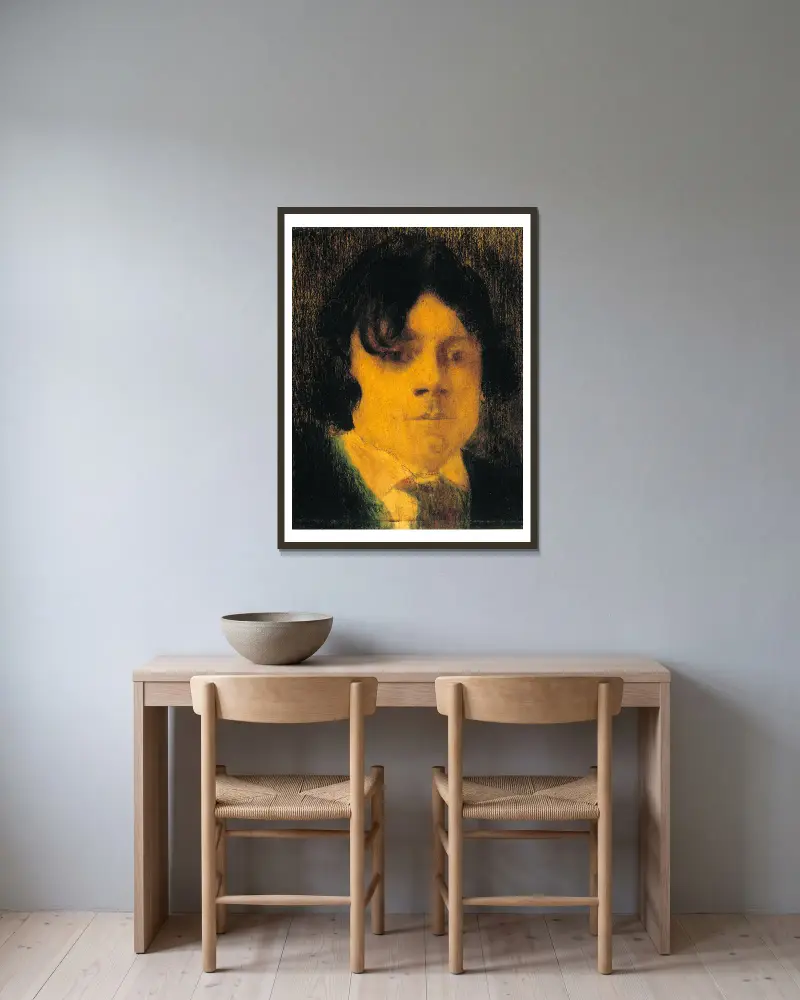 Porträtt av en ung man av Joseph Stella inramad på en vägg