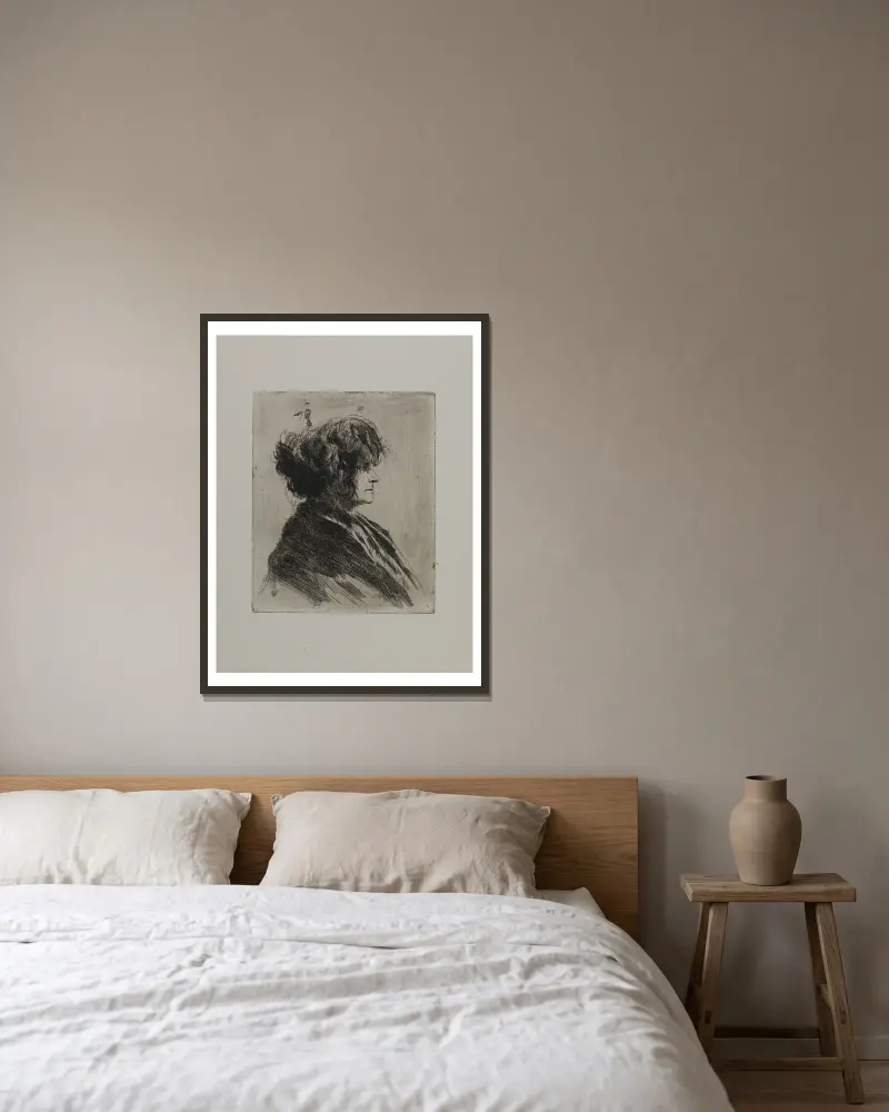 Kvinna med sjal och rufsigt hår av Joseph Stella inramad på en vägg