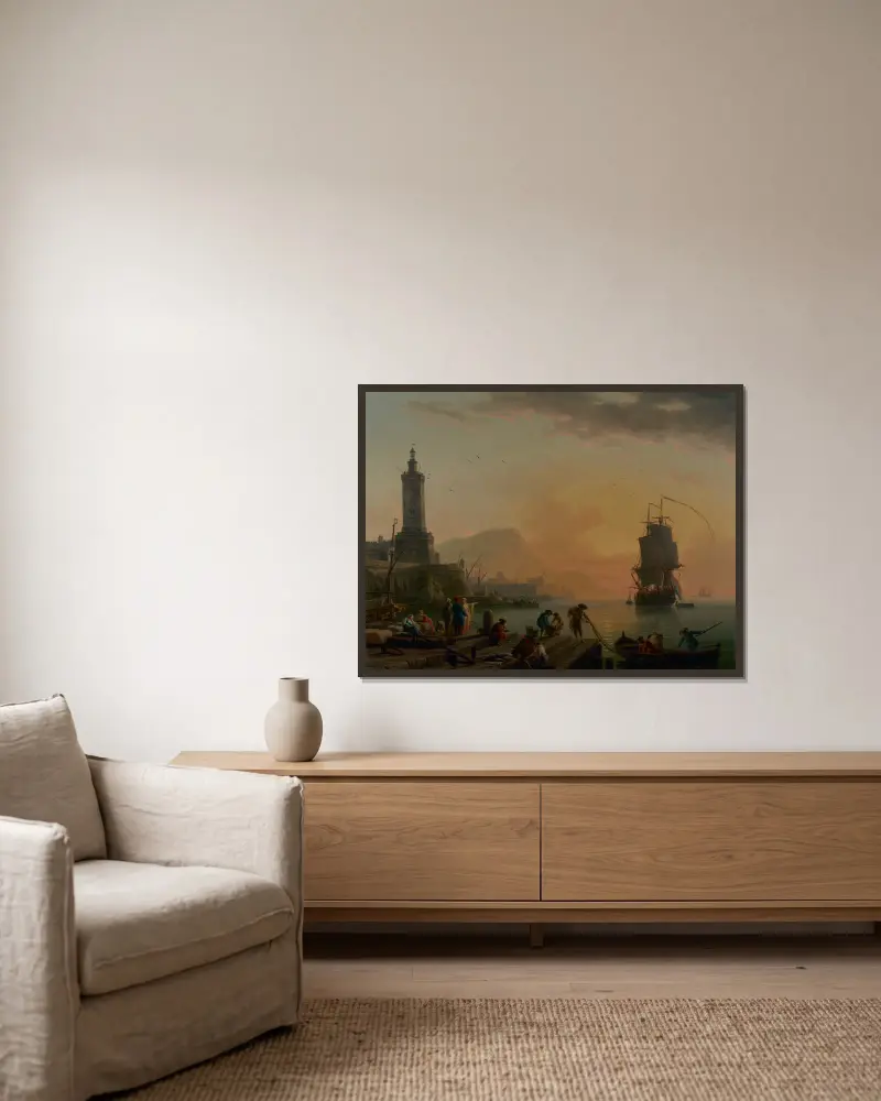 Lugn i en medelhavshamn av Claude-Joseph Vernet inramad på en vägg