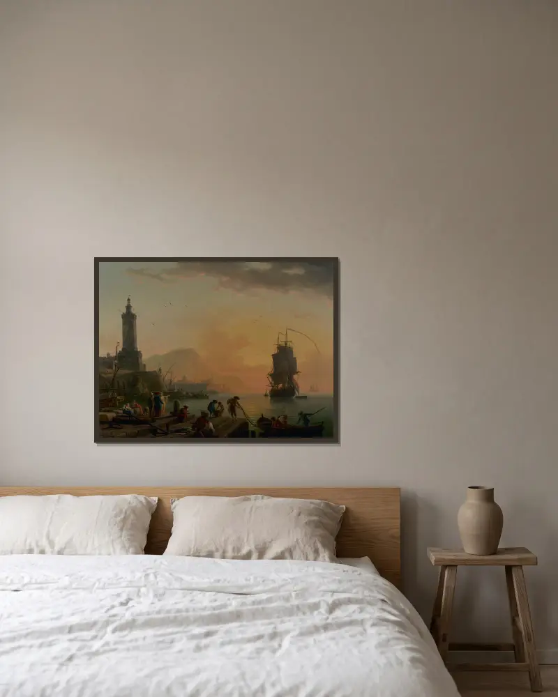 Lugn i en medelhavshamn av Claude-Joseph Vernet inramad på en vägg