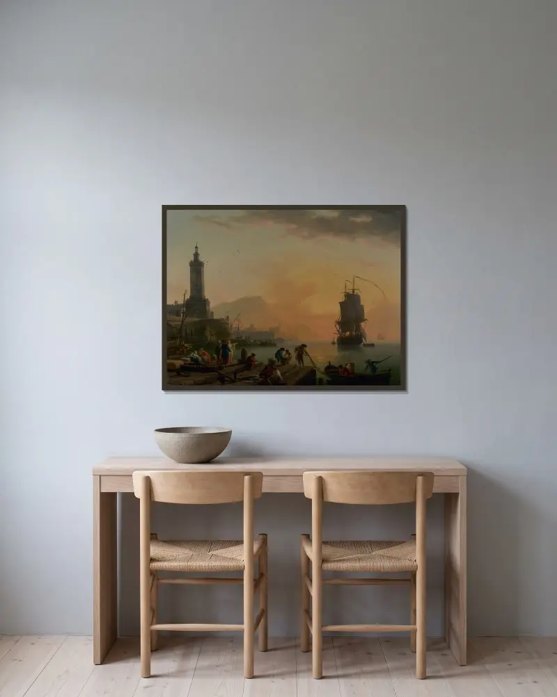 Lugn i en medelhavshamn av Claude-Joseph Vernet inramad på en vägg