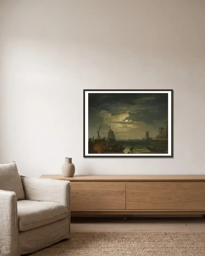 A Mediterranean Inlet By Moonlight av Claude-Joseph Vernet inramad på en vägg