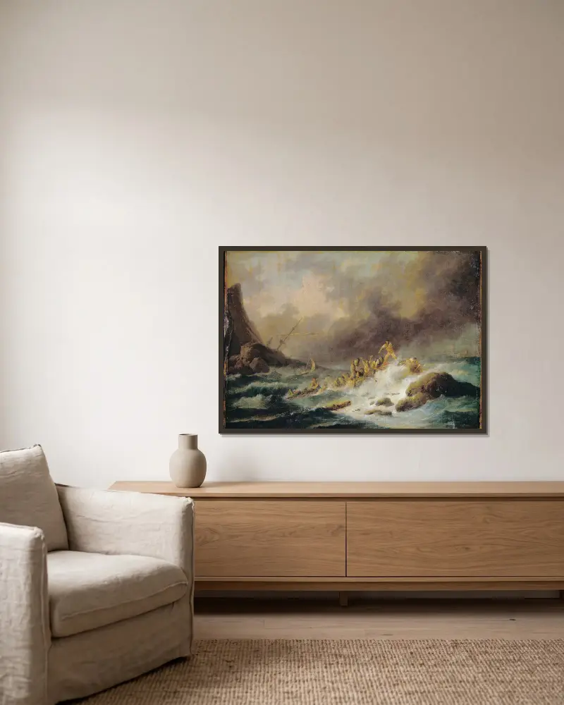 A Shipwreck av Claude-Joseph Vernet inramad på en vägg