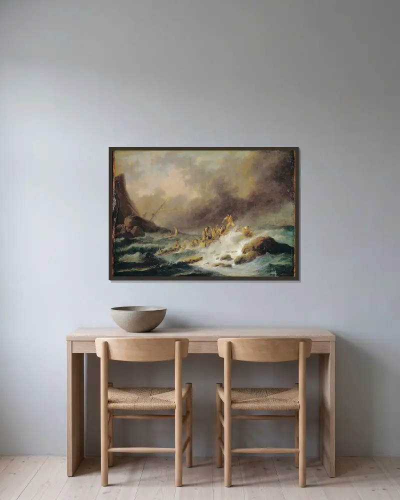 A Shipwreck av Claude-Joseph Vernet inramad på en vägg