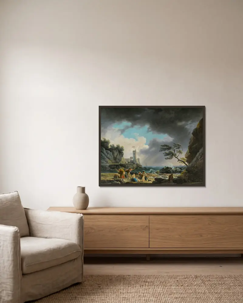 Sturm an einer felsigen Küste von Claude-Joseph Vernet gerahmt an einer Wand