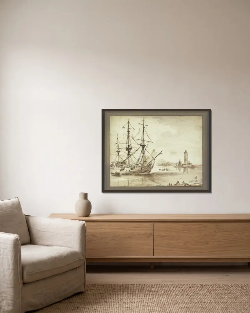 Marine, links ein Dreimaster, rechts ein Leuchtturm av Claude-Joseph Vernet inramad på en vägg