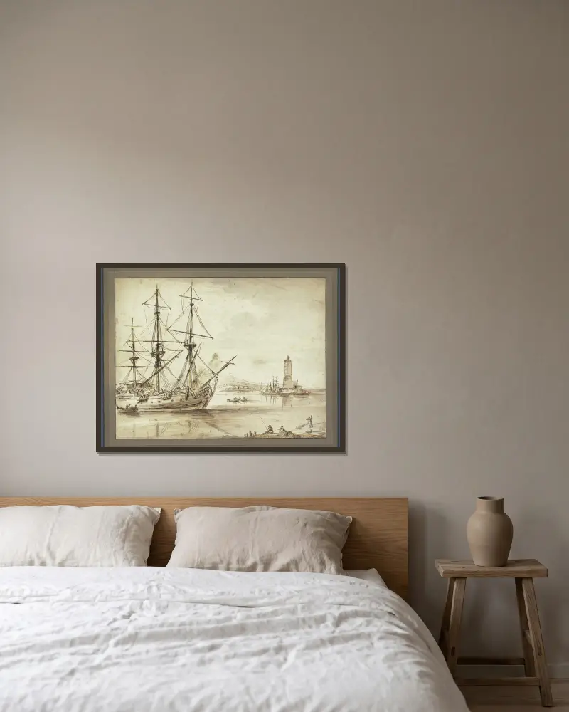 Marine, links ein Dreimaster, rechts ein Leuchtturm av Claude-Joseph Vernet inramad på en vägg