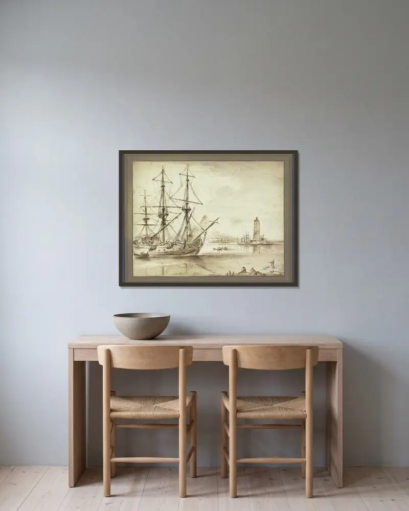 Marine, links ein Dreimaster, rechts ein Leuchtturm av Claude-Joseph Vernet inramad på en vägg