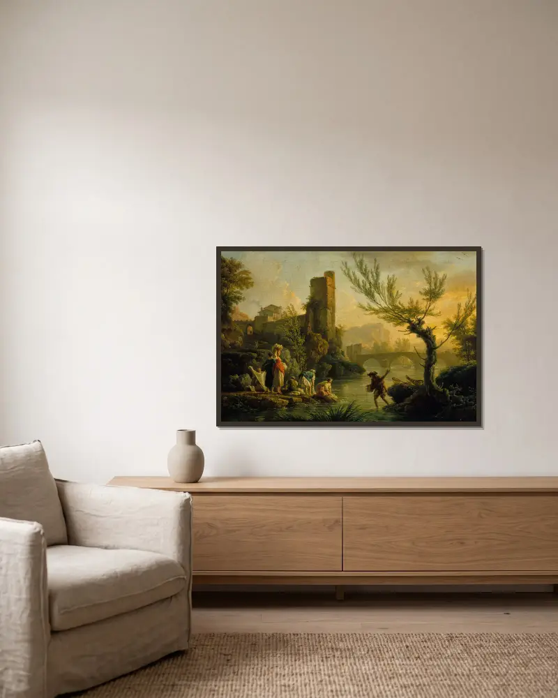 Landskap med tvätterskor av Claude-Joseph Vernet inramad på en vägg