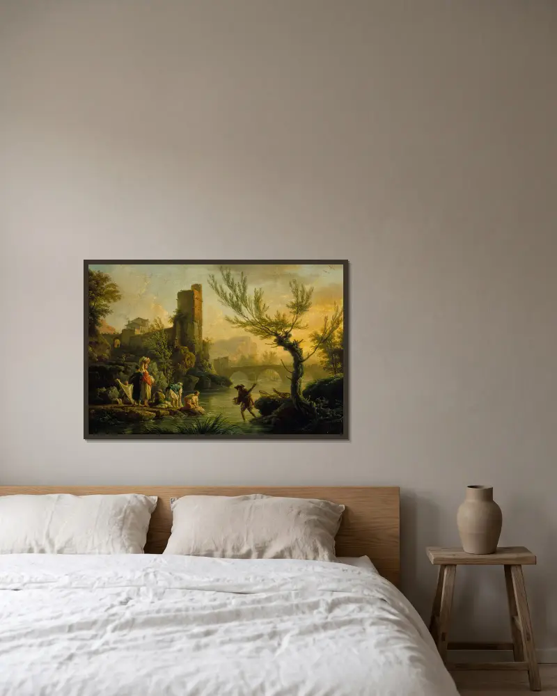 Landskap med tvätterskor av Claude-Joseph Vernet inramad på en vägg