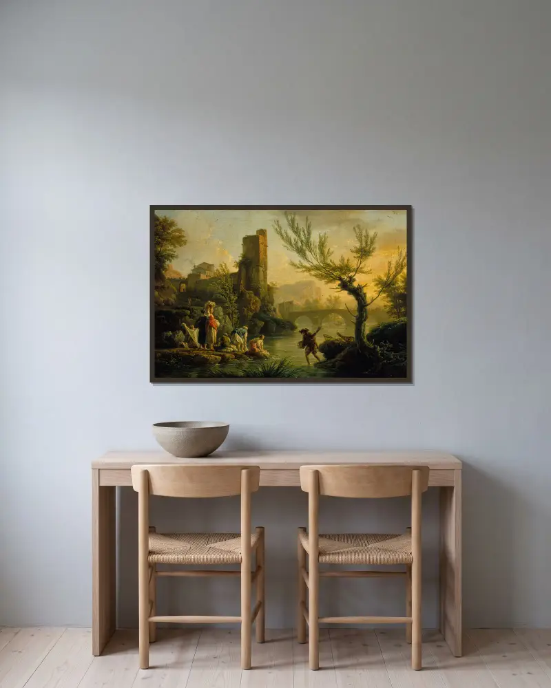 Landskap med tvätterskor av Claude-Joseph Vernet inramad på en vägg
