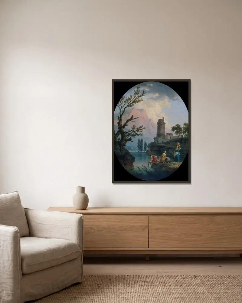 Paysage avec lavandières av Claude-Joseph Vernet inramad på en vägg