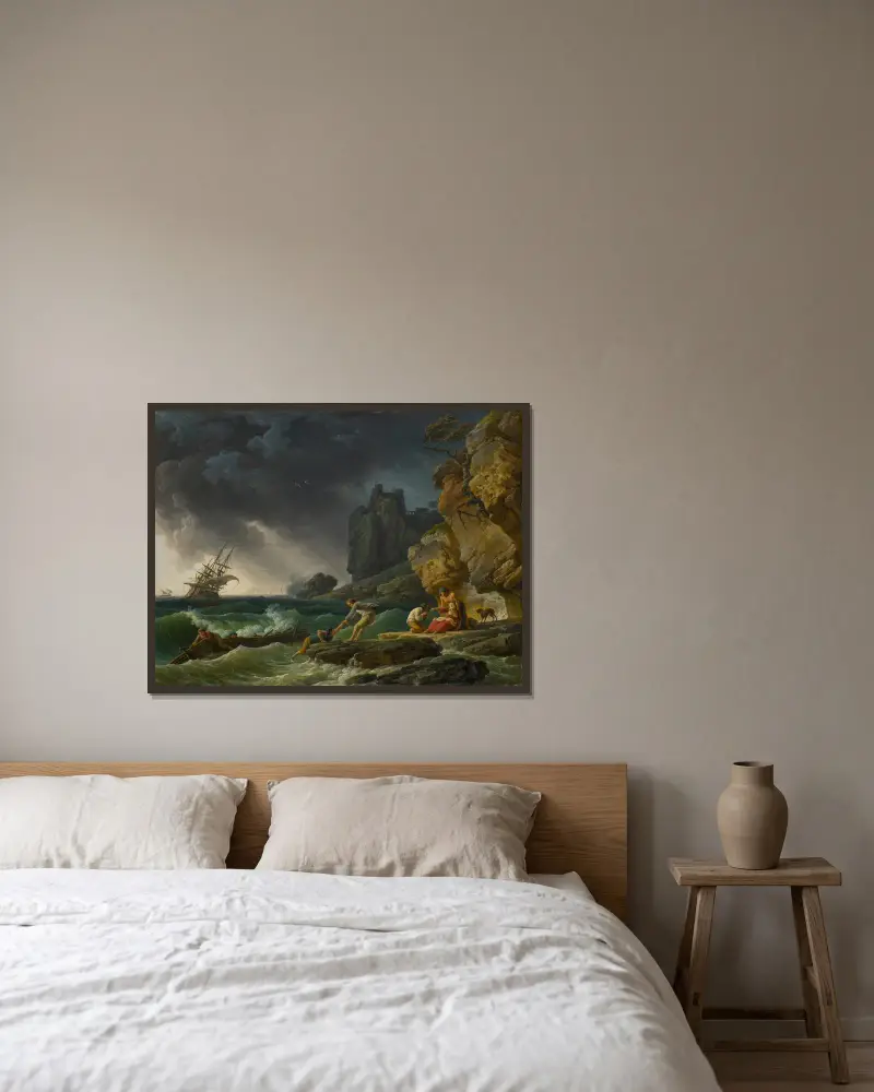 Stormy seas with castaways av Claude-Joseph Vernet inramad på en vägg