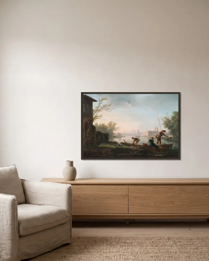 Die vier Tageszeiten – Morgen von Claude-Joseph Vernet gerahmt an einer Wand