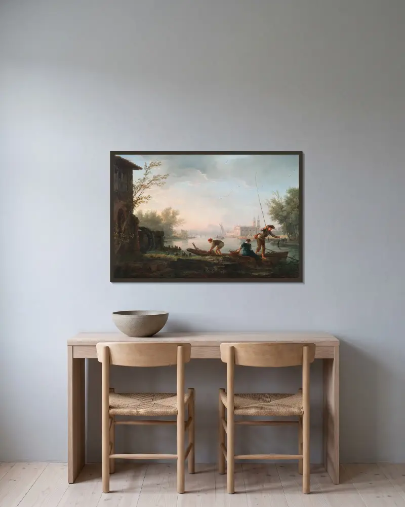 Die vier Tageszeiten – Morgen von Claude-Joseph Vernet gerahmt an einer Wand