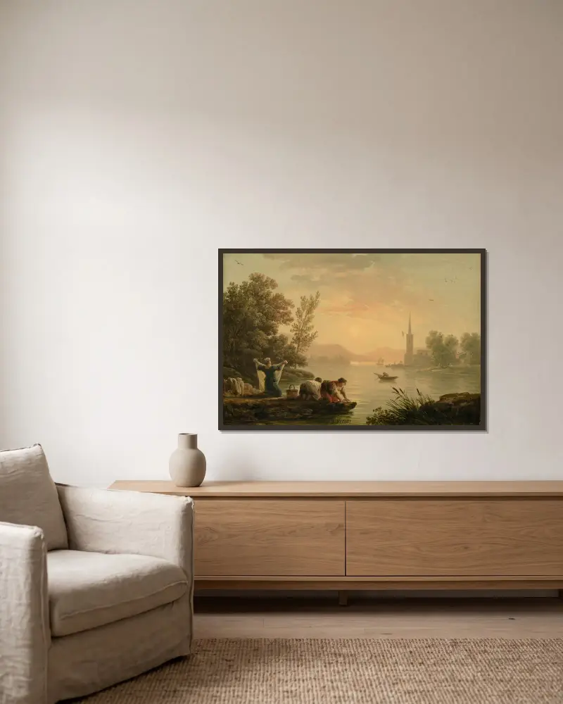 Tvätterskor vid en sjö av Claude-Joseph Vernet inramad på en vägg